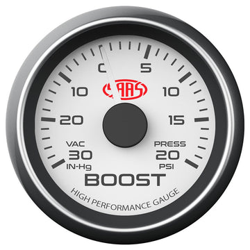 SAAS 52mm White Muscle Series Boost Gauge (30inHg-20PSI) - SG-TB52W