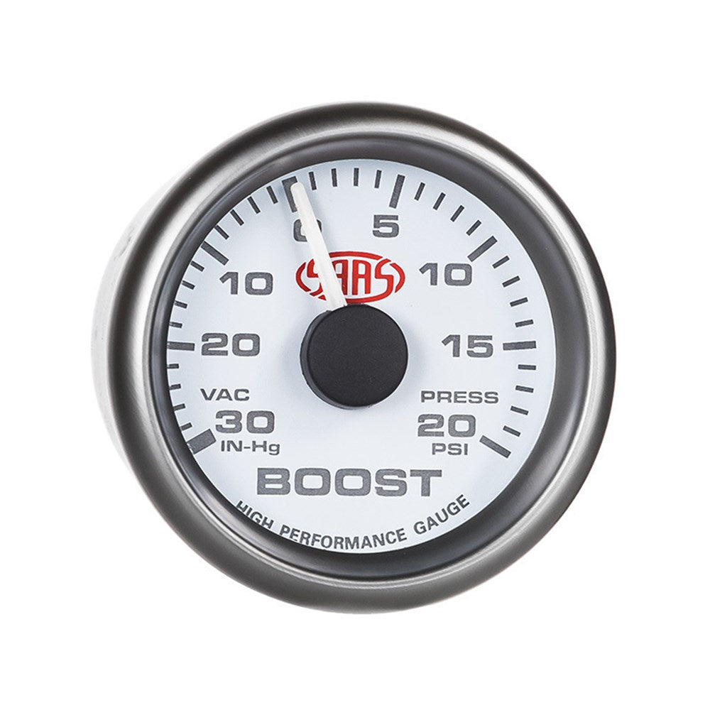 SAAS 52mm White Muscle Series Boost Gauge (30inHg-20PSI) - SG-TB52W