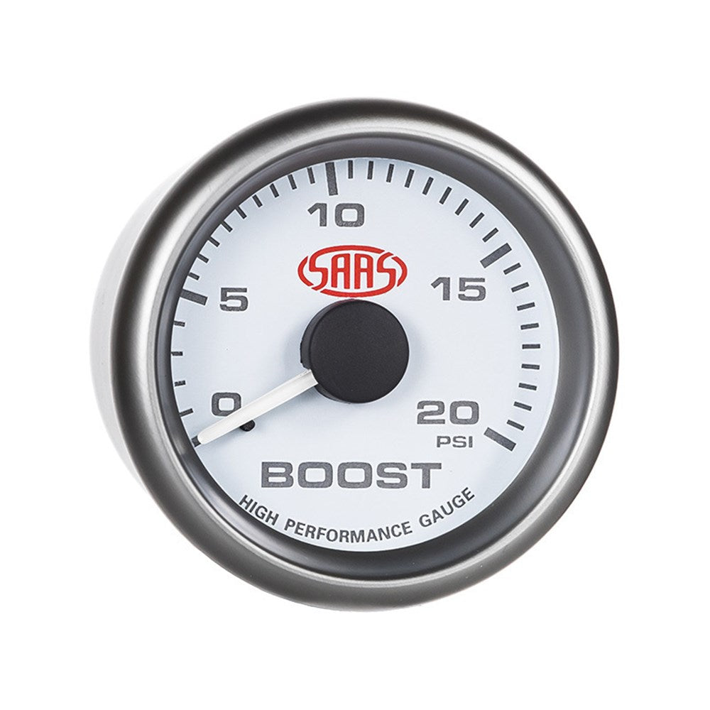 SAAS 52mm White Muscle Series Diesel Boost Gauge (0-20PSI) - SG-TBD52W1