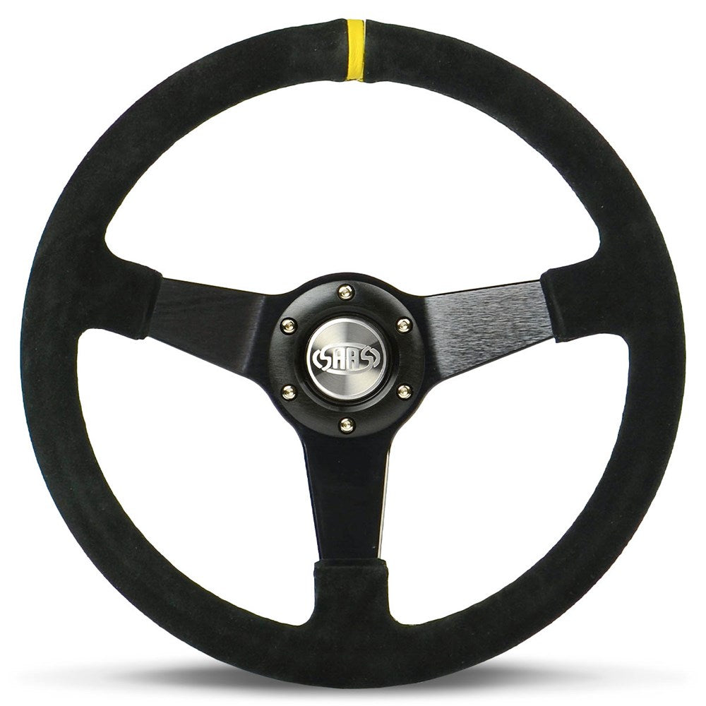 SAAS 14" Drifter ADR Compliant Suede Covered Steering Wheel with Black Brushed Aluminium Spokes and Yellow Centre Stripe - SW1016S