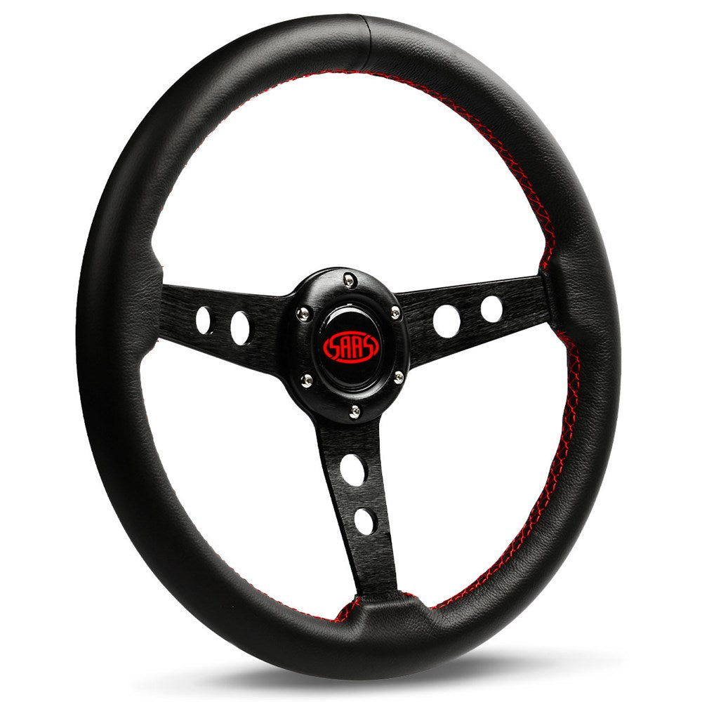 SAAS 14" ADR Compliant Retro Black Leather Covered Steering Wheel with Red Stitching and Three Brushed Black Spokes - SW616OS-L