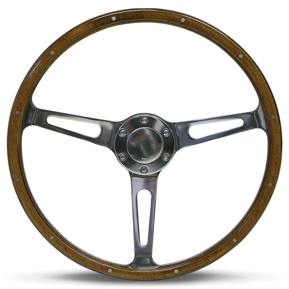 SAAS 15" ADR Compliant Laminated Riveted Wood Steering Wheel with Three Polished Alloy Spokes - SW704PSW