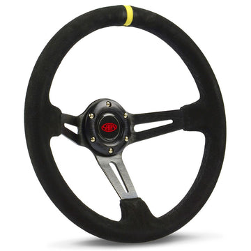 SAAS 14" ADR Compliant Deep Dish Black Suede Covered Steering Wheel with Three Black Slotted Alloy Spokes and Centre Stripe - SWE1