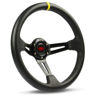 SAAS 14" ADR Compliant Deep Dish Black Leather Covered Steering Wheel with Three Black Slotted Alloy Spokes and Centre Stripe - SWE2