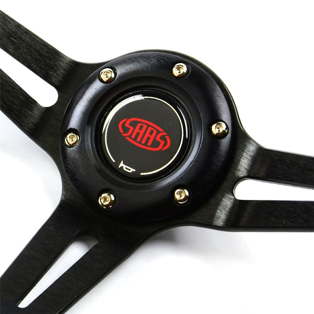 SAAS 14" ADR Compliant Deep Dish Black Leather Covered Steering Wheel with Three Black Slotted Alloy Spokes and Centre Stripe - SWE2