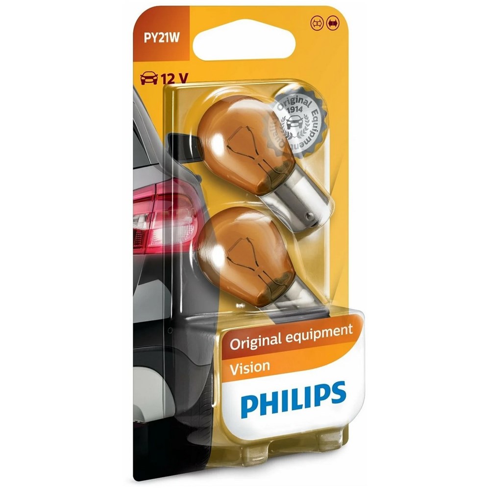 Philips 12496B2 Vision Line 12V PY21W 21W Amber Tinted Bayonet Globes (Twin Pack)