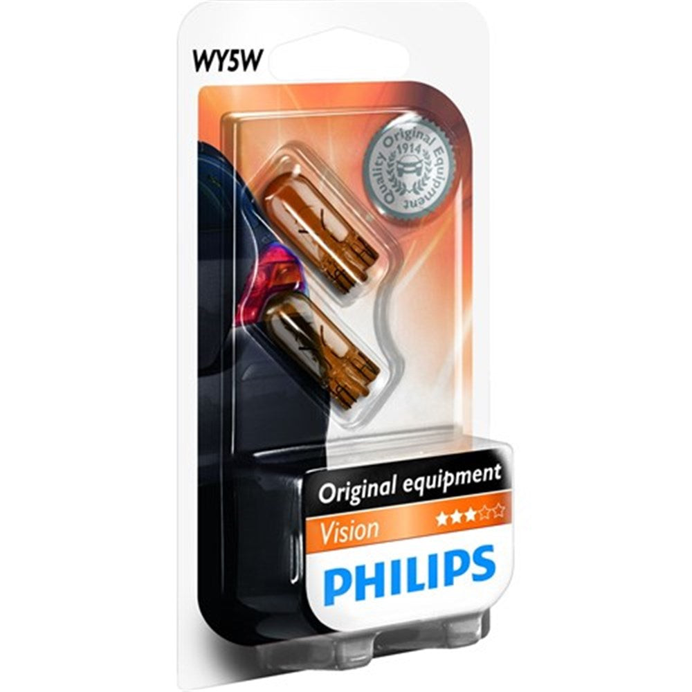 Philips 12396B2 Vision Line 12V WY5W 5W Amber Tinted Wedge Globes (Twin Pack)