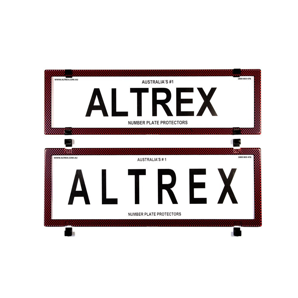 Altrex Number Plate Protector Covers -  QLD, ACT, VIC, TAS, SA, WA & NT Slimline Combination Red Carbon Fibre Without Lines (372x100mm & 372x134mm) - 6SERQ