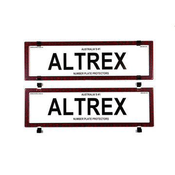 Altrex Number Plate Protector Covers -  QLD, VIC, TAS, SA, WA & NT Dual Slimline Red Carbon Fibre Without Lines (372x100mm & 372x100mm) - 6SERV