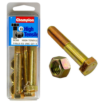 Champion Pack of 6 7/16" x 3-1/2" UNC High Tensile Grade 5, Zinc Plated Hex Bolts and Nuts - BC60