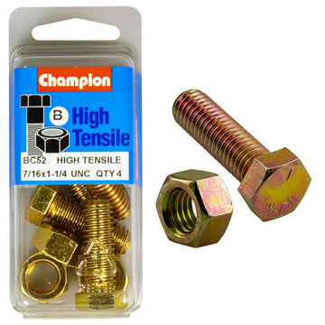 Champion Pack of 8 7/16" x 1-1/4" UNC High Tensile Grade 5, Zinc Plated Hex Set Screws and Nuts - BC52