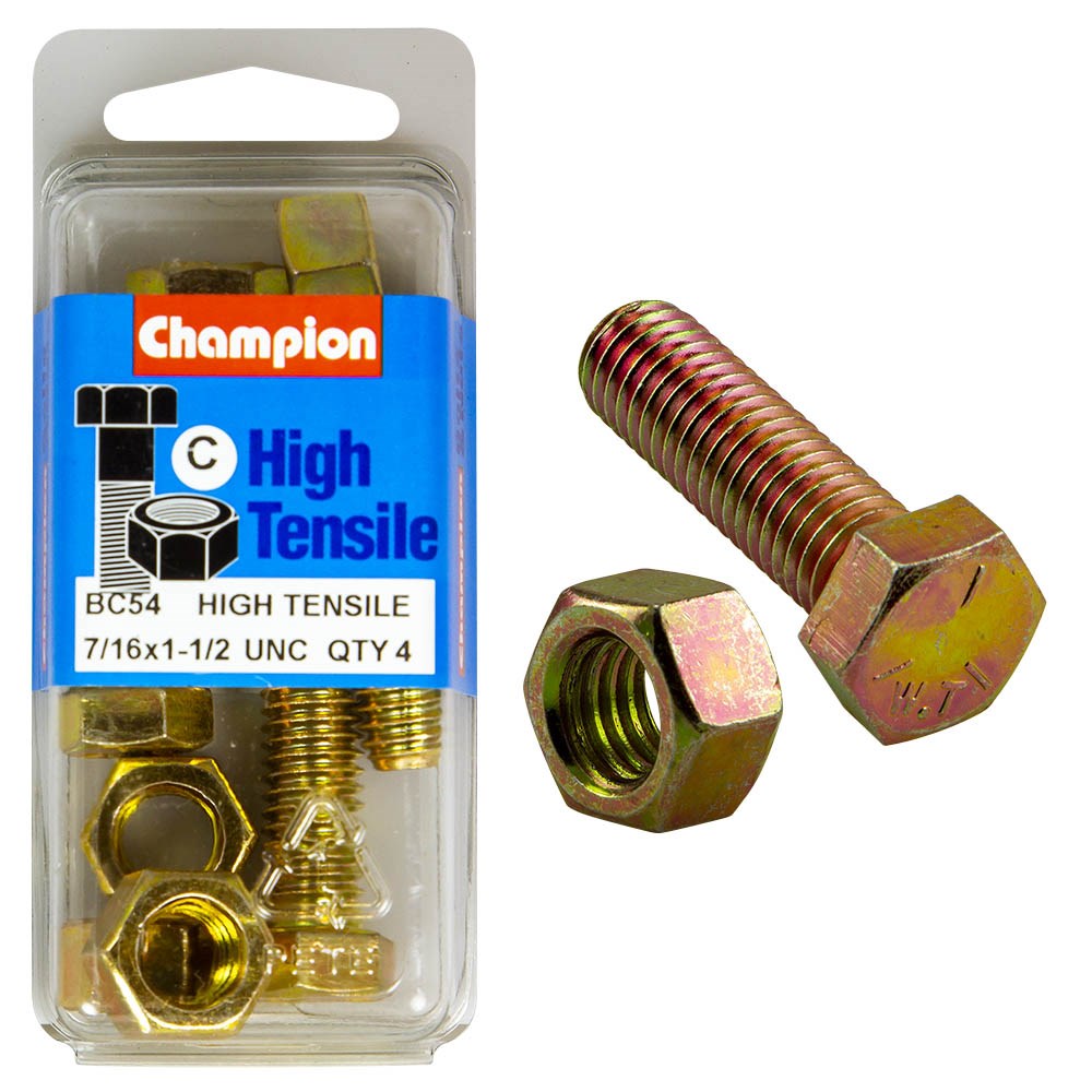 Champion Pack of 8 7/16" x 1-1/2" UNC High Tensile Grade 5, Zinc Plated Hex Set Screws and Nuts - BC54