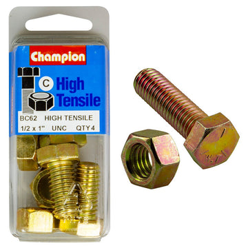 Champion Pack of 8 1/2" x 1" UNC High Tensile Grade 5, Zinc Plated Hex Set Screws and Nuts - BC62