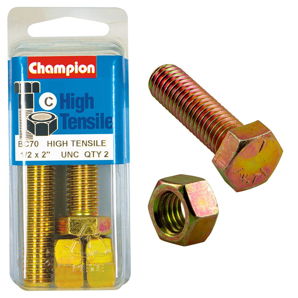 Champion Pack of 4 1/2" x 2" UNC High Tensile Grade 5, Zinc Plated Hex Set Screws and Nuts - BC70