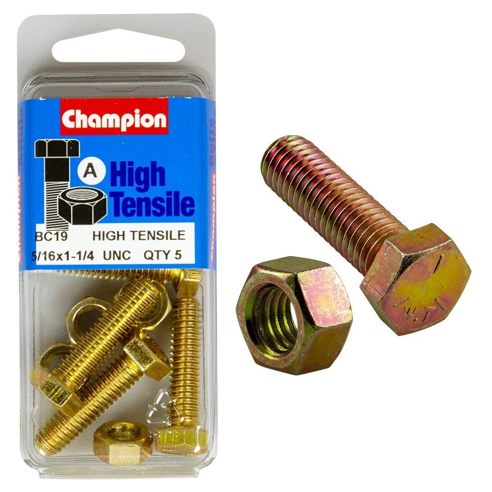 Champion Pack of 10 5/16" x 1-1/4" UNC High Tensile Grade 5, Zinc Plated Hex Set Screws and Nuts - BC19