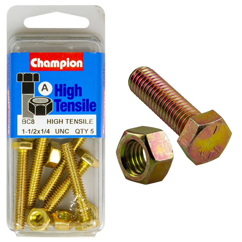 Champion Pack of 10 1/4" x 1/2" UNC High Tensile Grade 5, Zinc Plated Hex Set Screws and Nuts - BC8