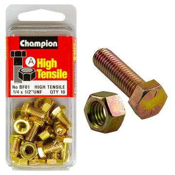 Champion Pack of 20 1/4" x 1/2" UNF High Tensile Grade 5, Zinc Plated Hex Set Screws and Nuts - BF1