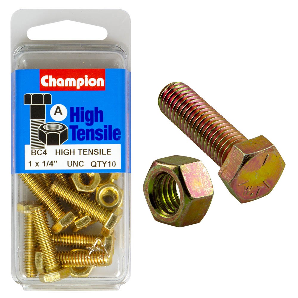 Champion Pack of 20 1/4" x 1" UNC High Tensile Grade 5, Zinc Plated Hex Set Screws and Nuts - BC4