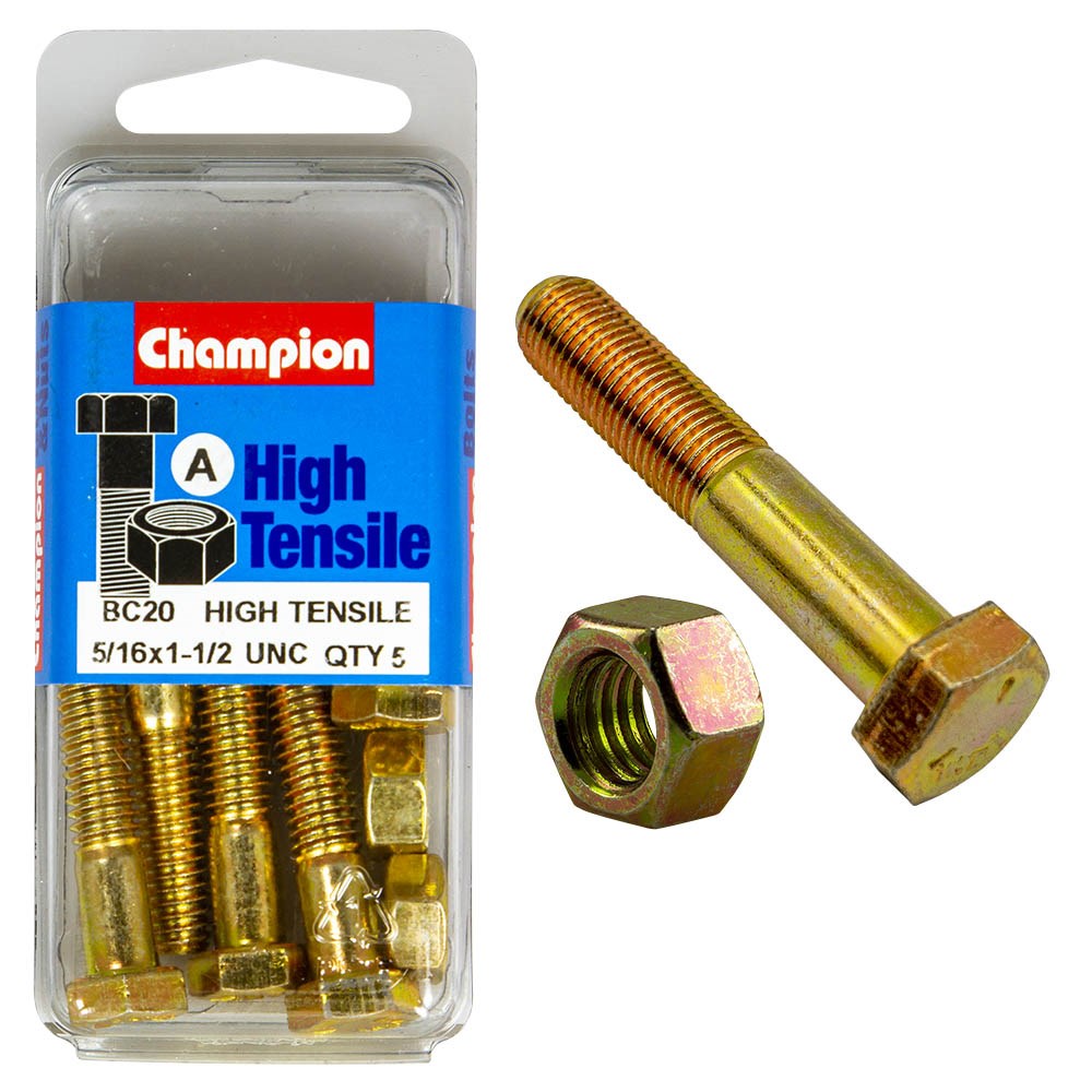 Champion Pack of 10 5/16" x 1-1/2" UNC High Tensile Grade 5, Zinc Plated Hex Bolts and Nuts - BC20