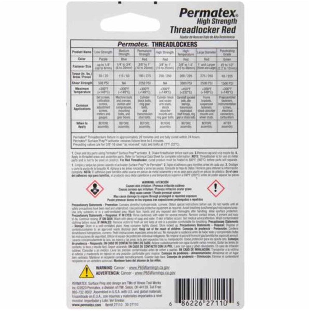 Permatex High Strength Threadlocker Red 10Ml - 27110