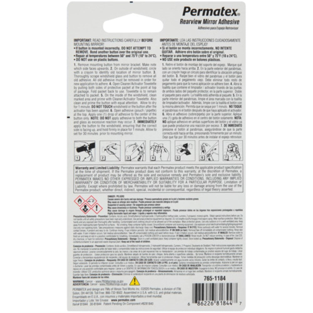 Permatex Rearview Mirror Adhesive 2 Part Kit 0.3+0.6Ml - 81844