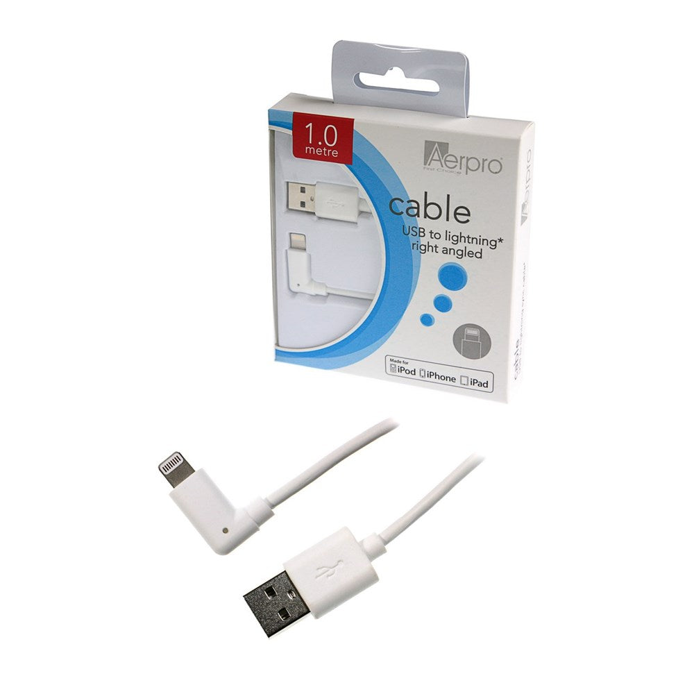 Aerpro APL105R 1 Metre Apple MFI Certified Lightning Right Angle to Type-A USB Cable - White