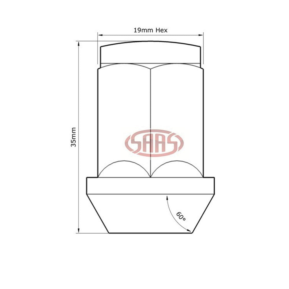 SAAS Single Wheel Nut - 35mm Length, M12x1.50 Thread, Flat Head Bulge Type - 43596B