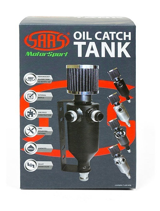 SAAS 500mL Capacity Baffled Oil Catch Can with Dual -12AN Ports - Black Aluminium Finish