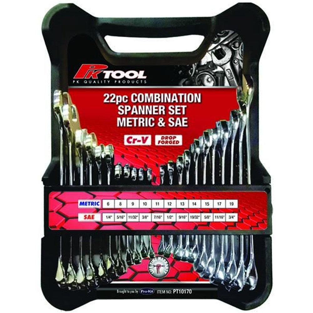 PKTool 22-Piece Metric/SAE Combination (Ring) Spanner Set with Plastic Holder - PT10170