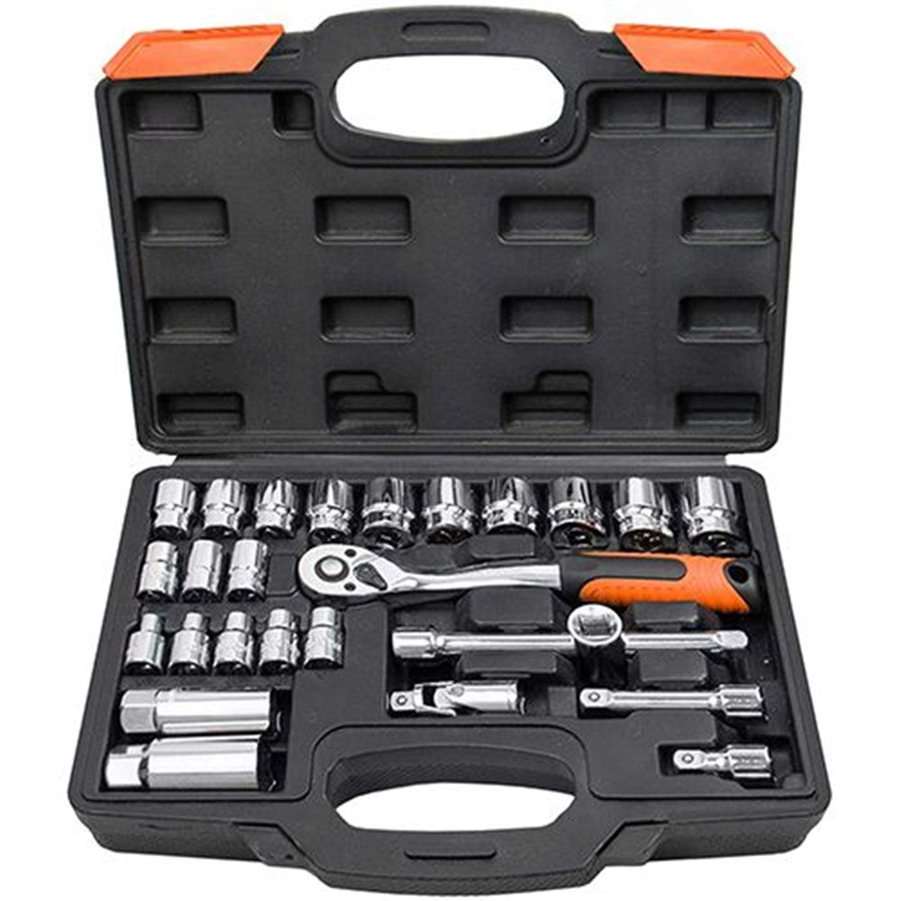 PKTool 26-Piece 3/8" Drive Metric Socket Set with 72 Tooth Ratchet, 6 Point Sockets, Spark Plug Sockets, Extensions and Universal Joint - PT10321