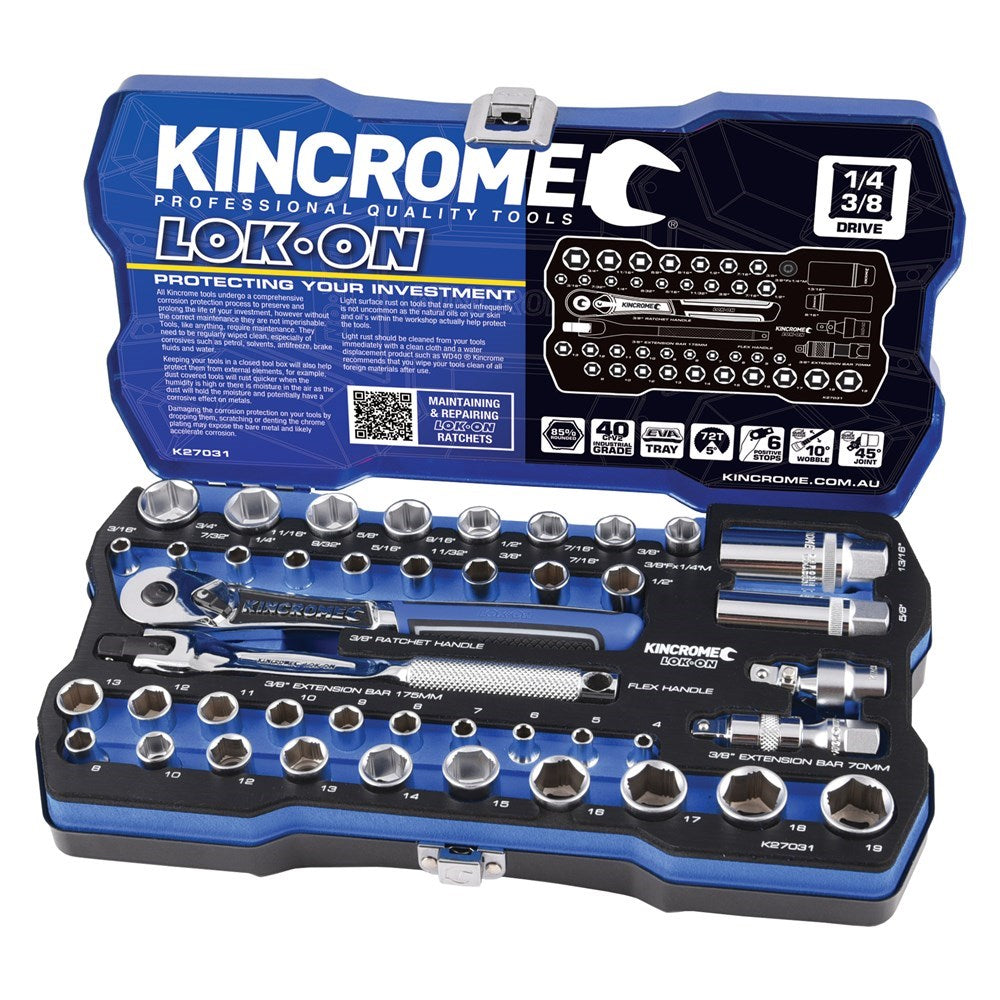 Kincrome Lok-On Socket Set 44 Piece 1/4" & 3/8" Drive - Metric & Imperial - K27031