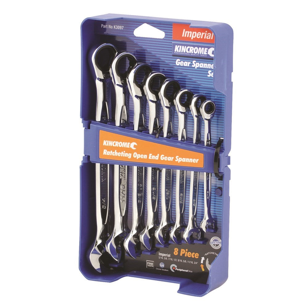 Kincrome 8 Piece Ratcheting Open End Gear Spanner Set - Imperial - K3097