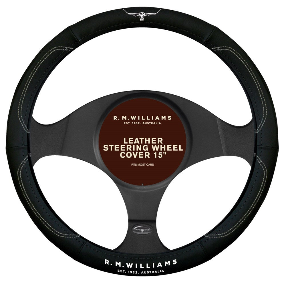 RM Williams Leather Steering Wheel Cover Black / White - SWRMWBLK