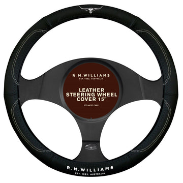 RM Williams Leather Steering Wheel Cover Black / White - SWRMWBLK