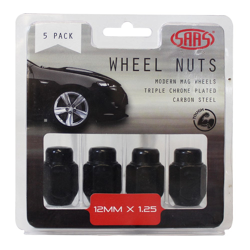 SAAS Set of 5 Wheel Nuts - 35mm Length, Black, M12x1.25 Threads, Acorn Taper Type - 235255BC