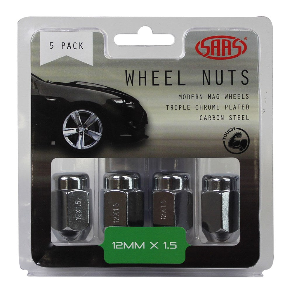 SAAS Set of 5 Wheel Nuts - 35mm Length, Chrome, M12x1.50 Thread, Acorn Taper Type - 235265