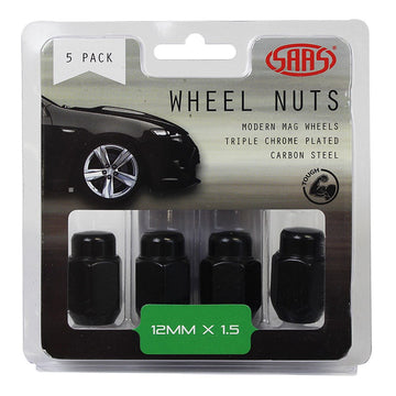 SAAS Set of 5 Wheel Nuts - 35mm Length, Black, M12x1.50 Threads, Acorn Taper Type - 235265BC