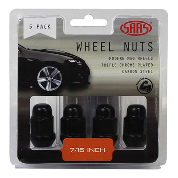 SAAS Set of 5 Wheel Nuts - 35mm Length, Black, 7/16" Threads, Acorn Bulge Type - 335305BC