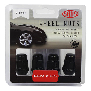 SAAS Set of 5 Wheel Nuts - 35mm Length, Black, M12x1.25 Threads, Acorn Bulge Type - 335355BC