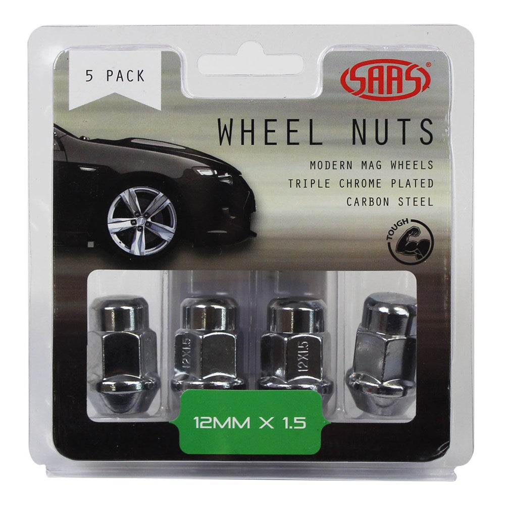 SAAS 335365 Wheel Nuts Acorn Bulge 12mmx 1.50 Chrome 35mm 5Pk