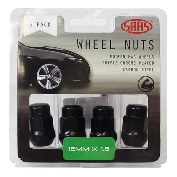 SAAS Set of 5 Wheel Nuts - 35mm Length, Black, M12x1.50 Thread, Acorn Bulge Type - 335365BC