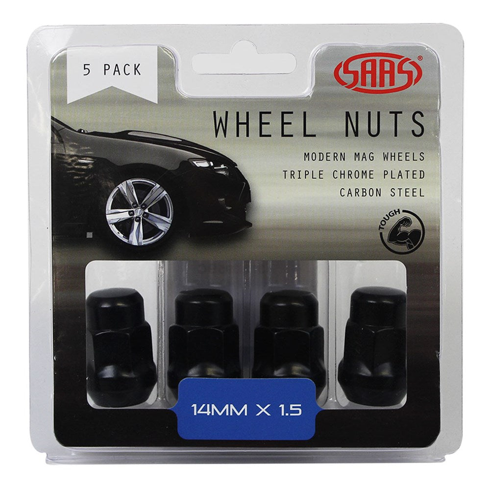 SAAS Set of 5 Wheel Nuts - 35mm Length, Black, M14x1.50 Threads, Acorn Bulge Type - 335395BC