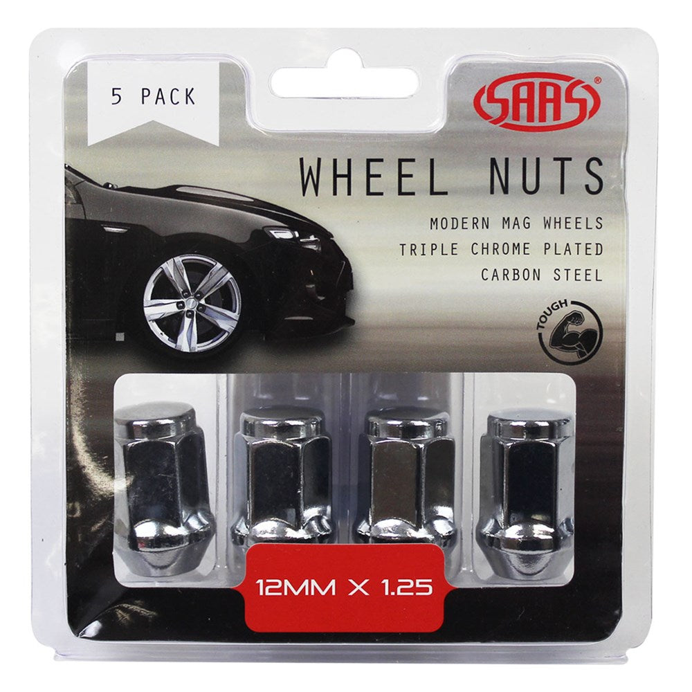 SAAS Set of 5 Wheel Nuts - 35mm Length,  Chrome, M12x1.25 Thread, Flat Head Bulge Type - 435955