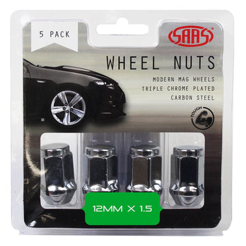 SAAS Set of 5 Wheel Nuts - 35mm Length,  Chrome, M12x1.50 Thread, Flat Head Bulge Type - 435965