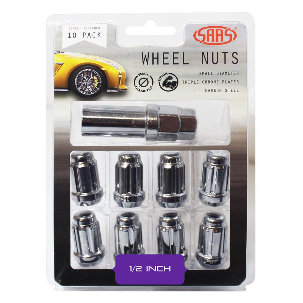 SAAS 6330110 Wheel Nuts S/D 6 Spline 1/2 Inc Key Chr 10Pk