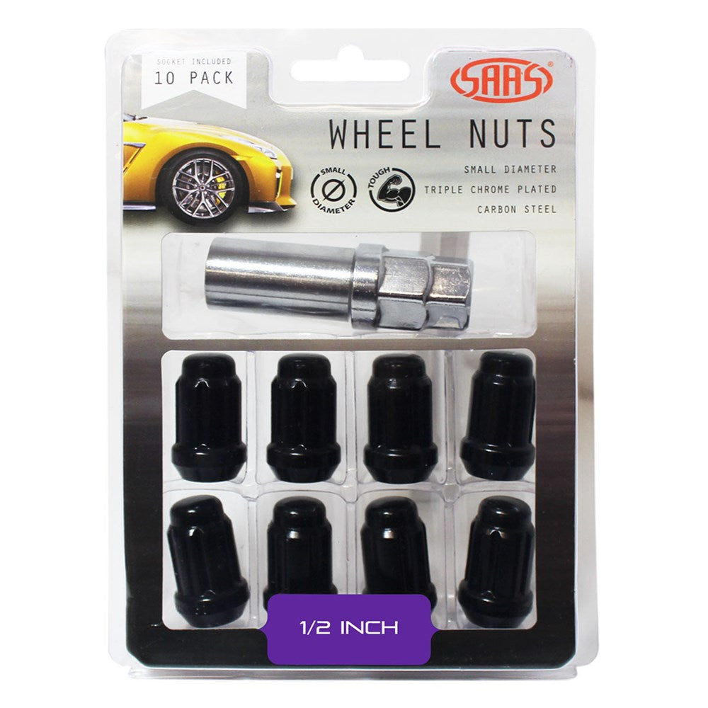 SAAS Set of 10 Small Diameter Wheel Nuts - Black, 1/2" Threads with 6 Spline Drive and Key - 6330110BC