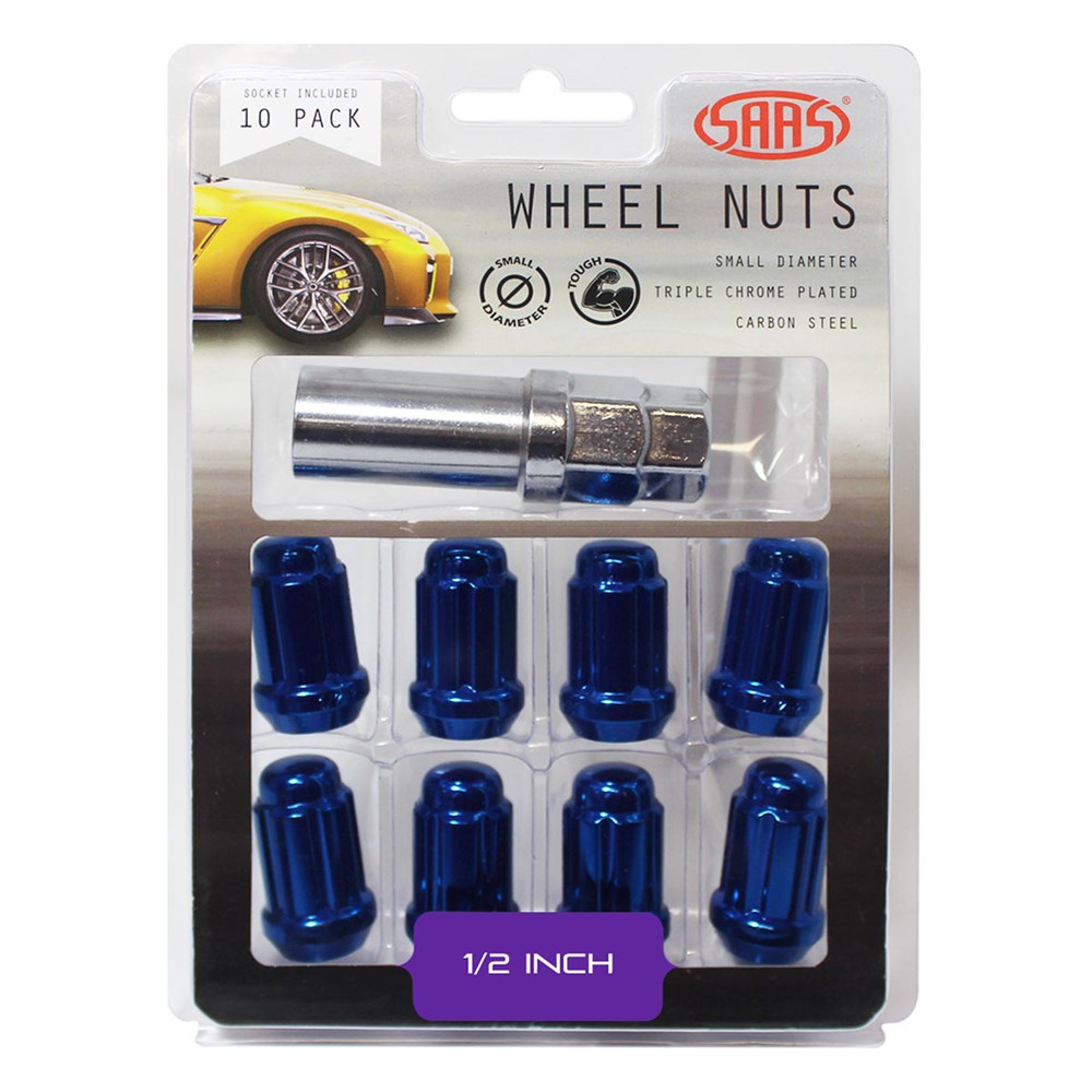 SAAS Set of 10 Small Diameter Wheel Nuts - Blue, 1/2" Threads with 6 Spline Drive and Key - 6330110BL