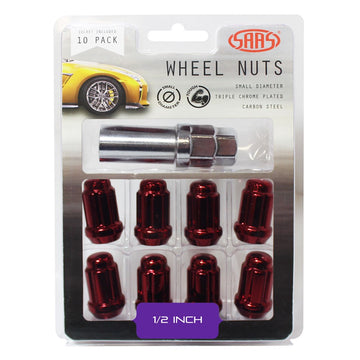 SAAS Set of 10 Small Diameter Wheel Nuts - Red, 1/2" Threads with 6 Spline Drive and Key - 6330110R