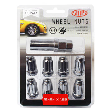 SAAS Set of 10 Small Diameter 6 Spline Wheel Nuts with Key - 35mm Length, Chrome, M12x1.25 Thread. Taper Seat Type - 6330510