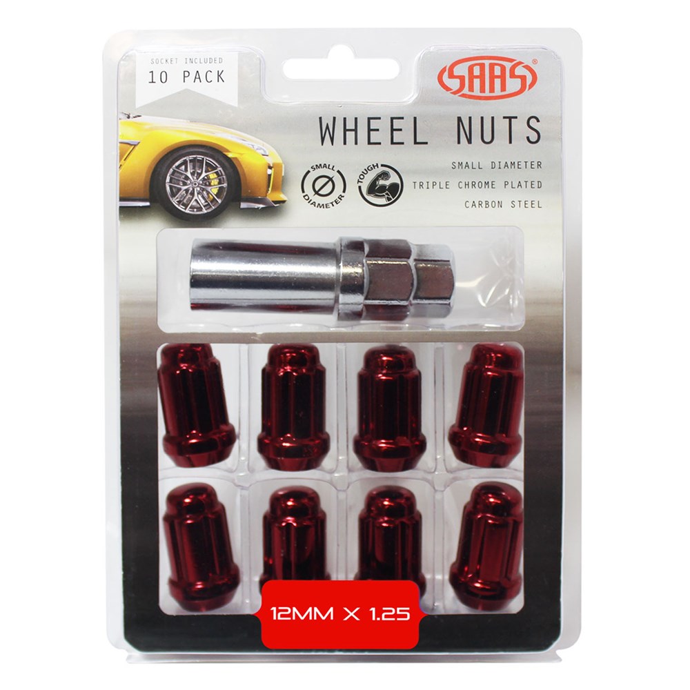 SAAS Set of 10 Small Diameter Wheel Nuts - Red, M12x1.25 Threads with 6 Spline Drive and Key - 6330510R